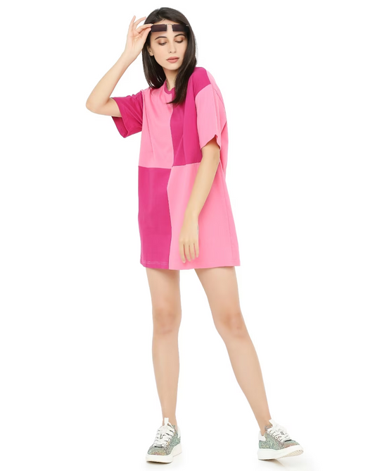 Colourblock Loose Fit Crew-Neck T-Shirt (SIZE-S) (COLOR-PINK)