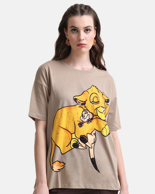 Cartoon Print Crew-Neck T-Shirt (SIZE-L) (COLOR-BEIGE)